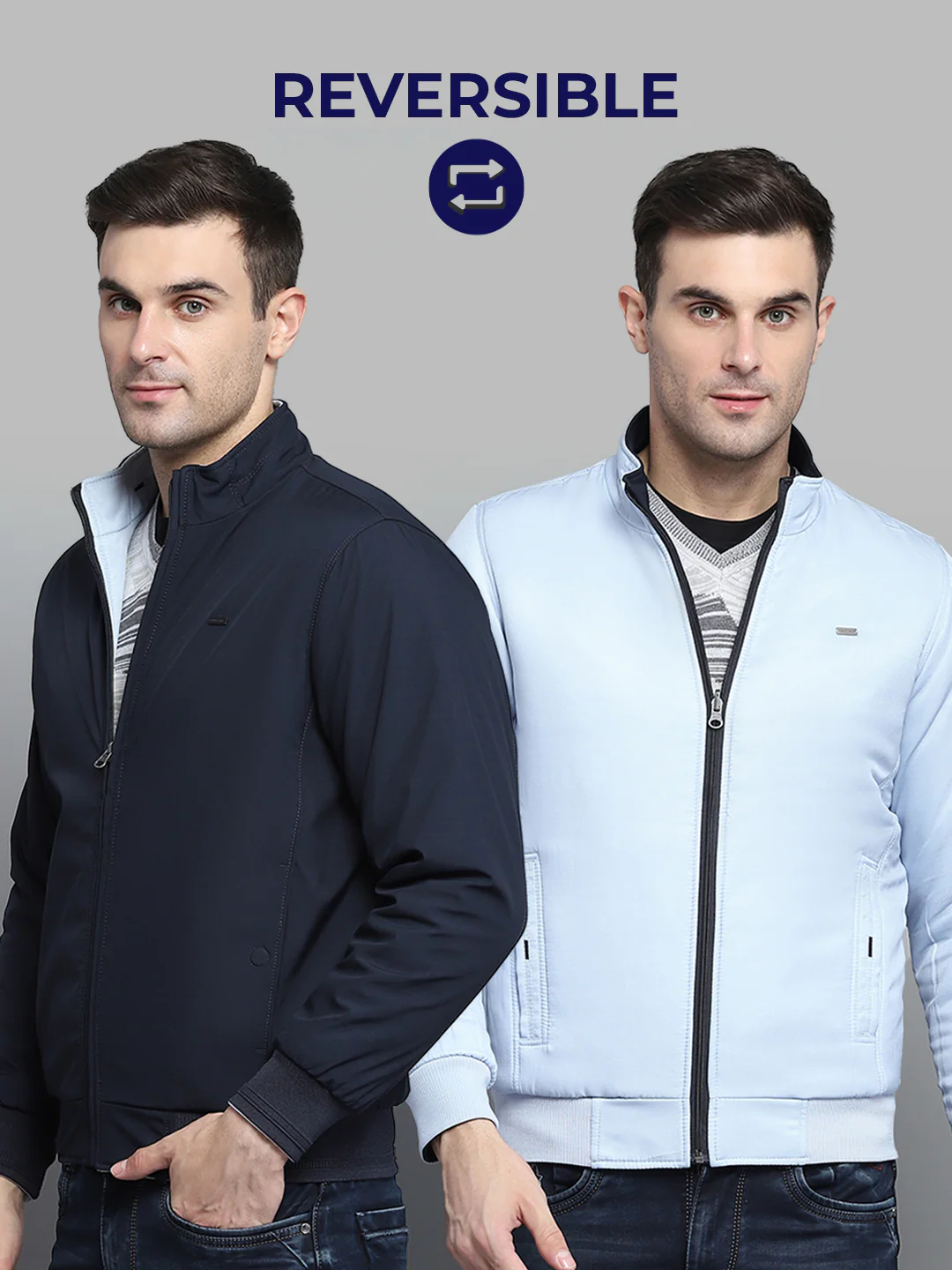 Men Navy Blue Solid Mock Neck Full Sleeve Jacket - Image 2