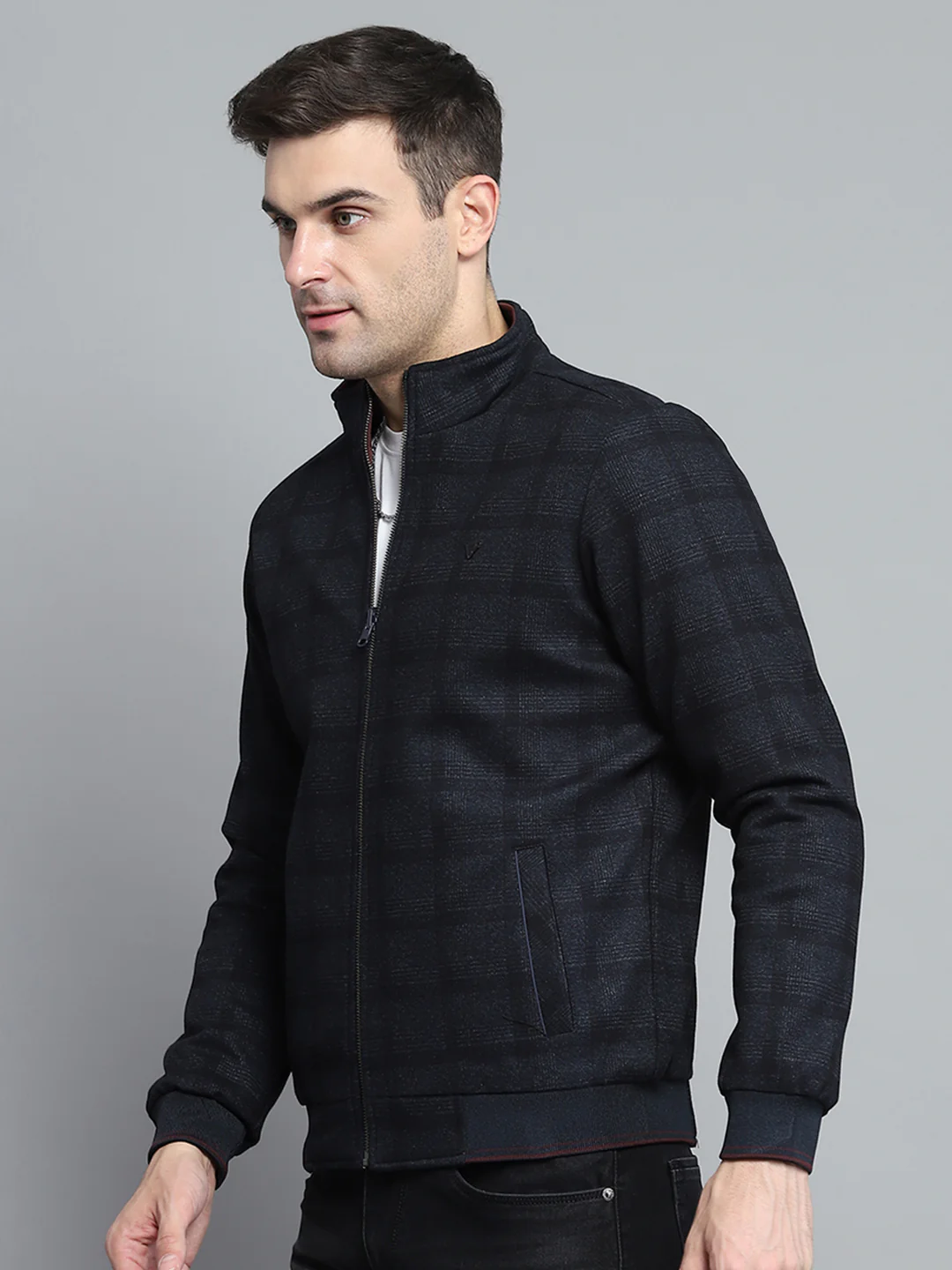 Men Navy Blue Solid Mock Neck Full Sleeve Jacket - Image 3