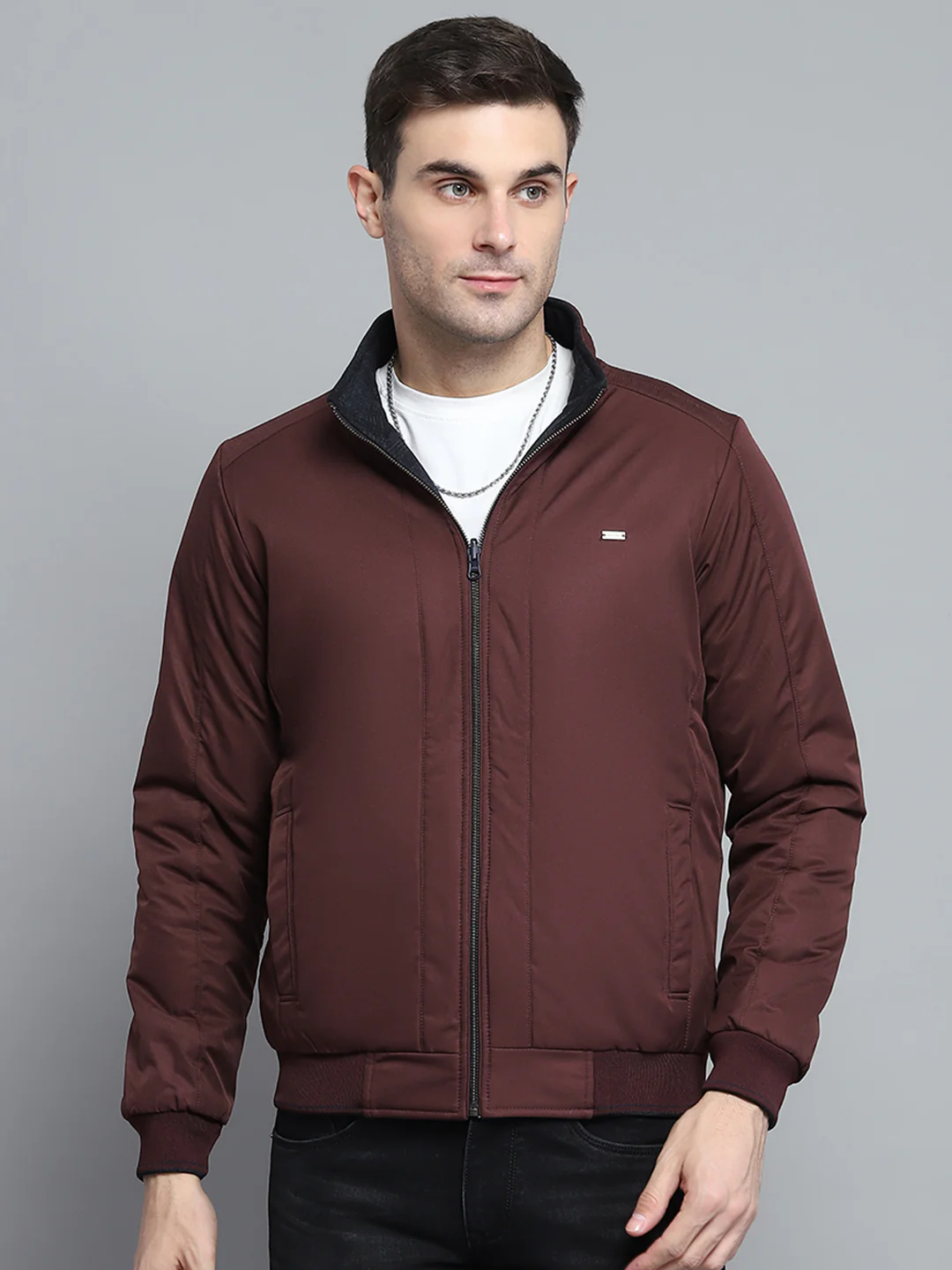 Men Navy Blue Solid Mock Neck Full Sleeve Jacket - Image 7