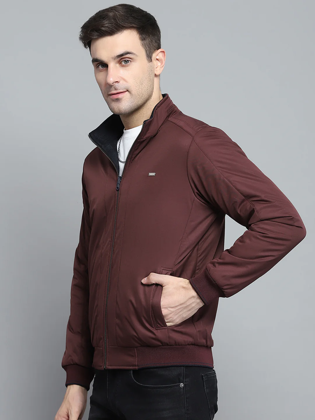 Men Navy Blue Solid Mock Neck Full Sleeve Jacket - Image 8