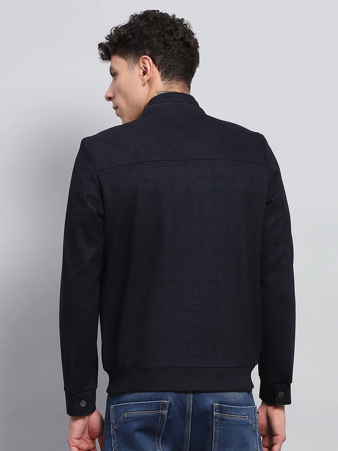 Men Navy Blue Solid Mock Neck Full Sleeve Jacket - Image 5