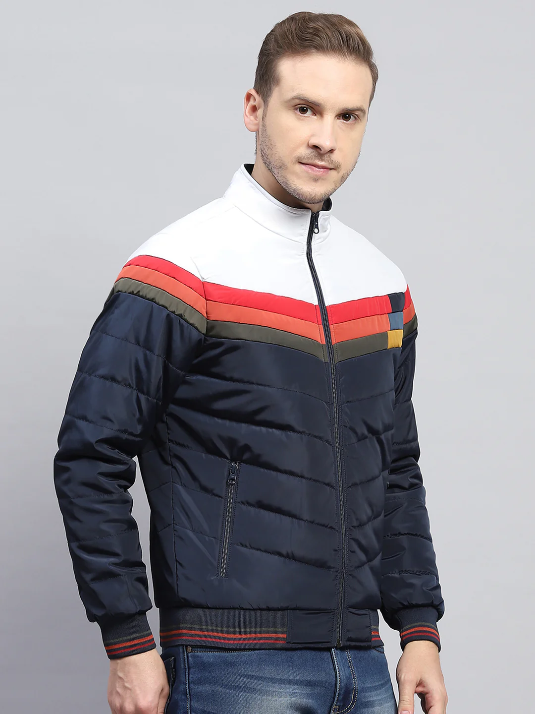 Men Navy Blue Solid Mock Neck Full Sleeve Jacket - Image 4