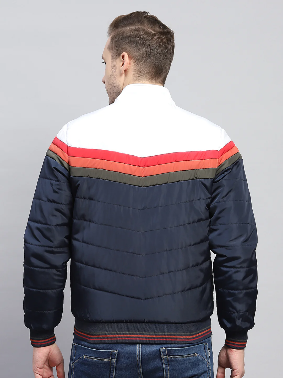 Men Navy Blue Solid Mock Neck Full Sleeve Jacket - Image 5