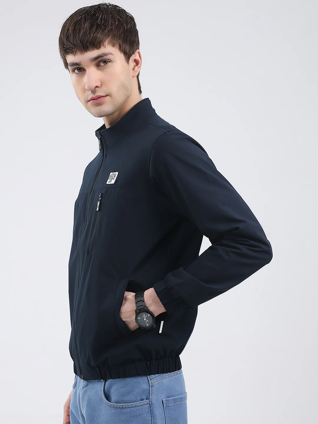 Rock.it Men Navy Blue Solid Mock Neck Full Sleeve Jacket - Image 3