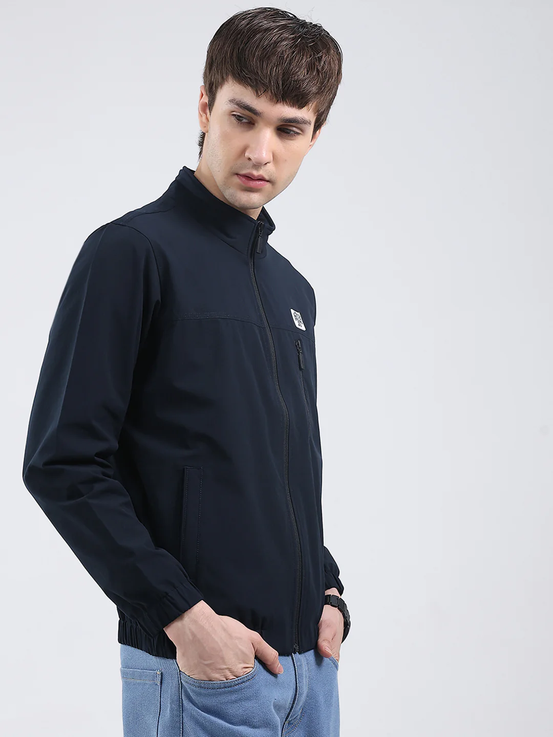 Rock.it Men Navy Blue Solid Mock Neck Full Sleeve Jacket - Image 4