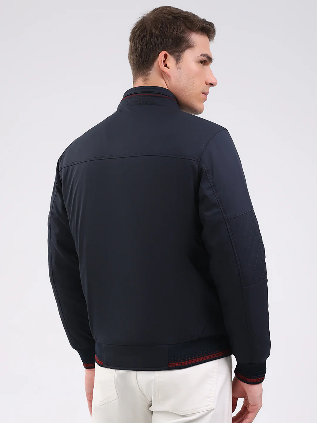 Men Navy Blue Solid Mock Neck Full Sleeve Jacket - Image 5