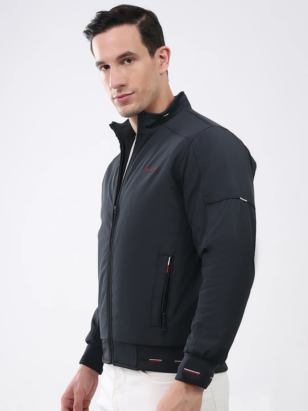 Men Navy Blue Solid Mock Neck Full Sleeve Jacket - Image 3