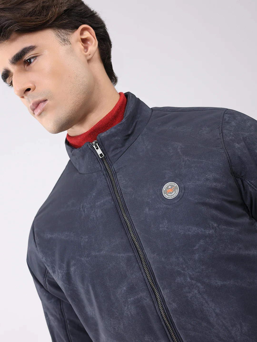 Men Navy Blue Solid Mock Neck Full Sleeve Jacket - Image 6