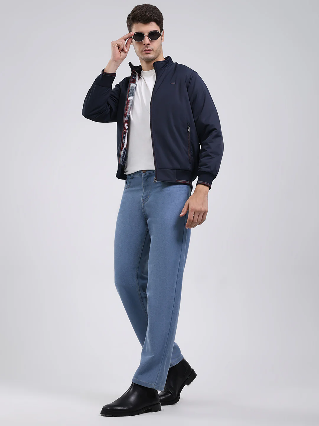 Men Navy Blue Solid Mock Neck Full Sleeve Jacket - Image 2