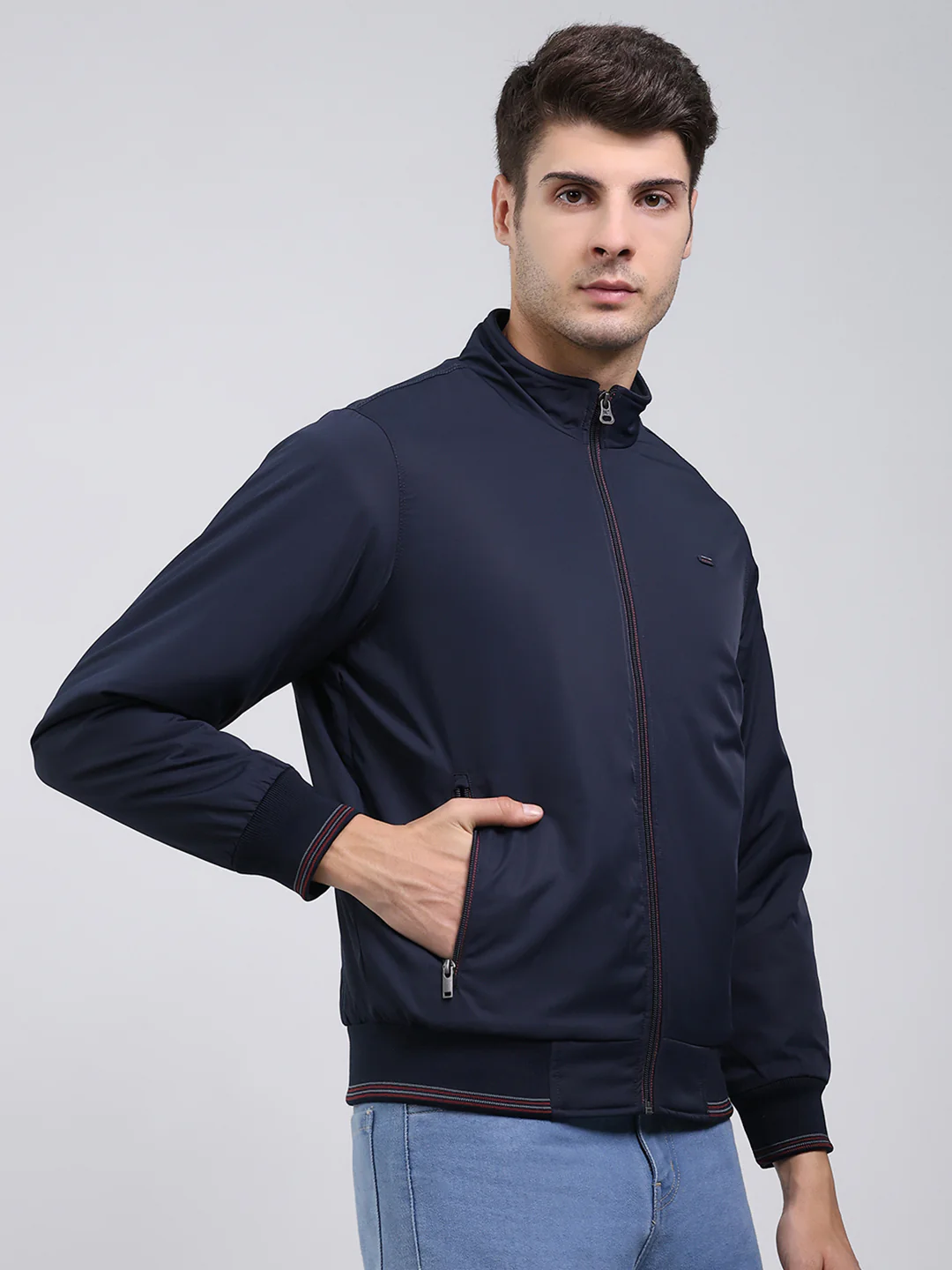 Men Navy Blue Solid Mock Neck Full Sleeve Jacket - Image 4