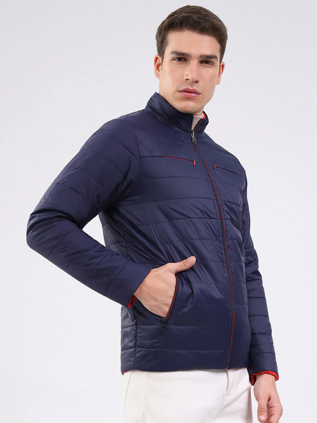 Men Navy Blue Solid Mock Neck Full Sleeve Jacket - Image 4