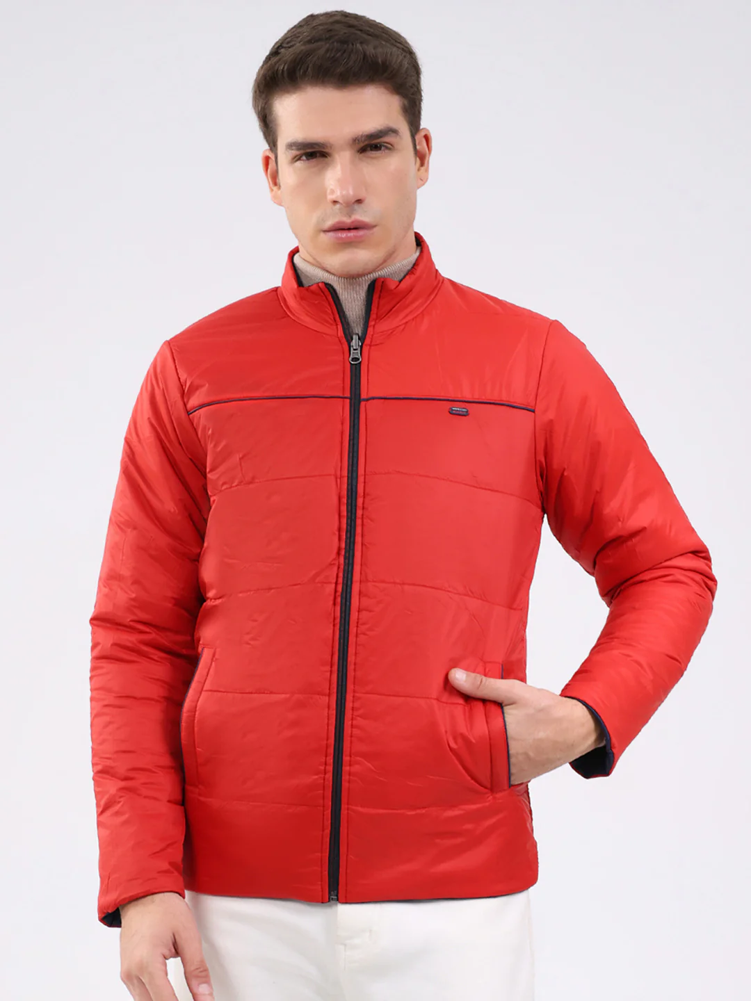 Men Navy Blue Solid Mock Neck Full Sleeve Jacket - Image 6