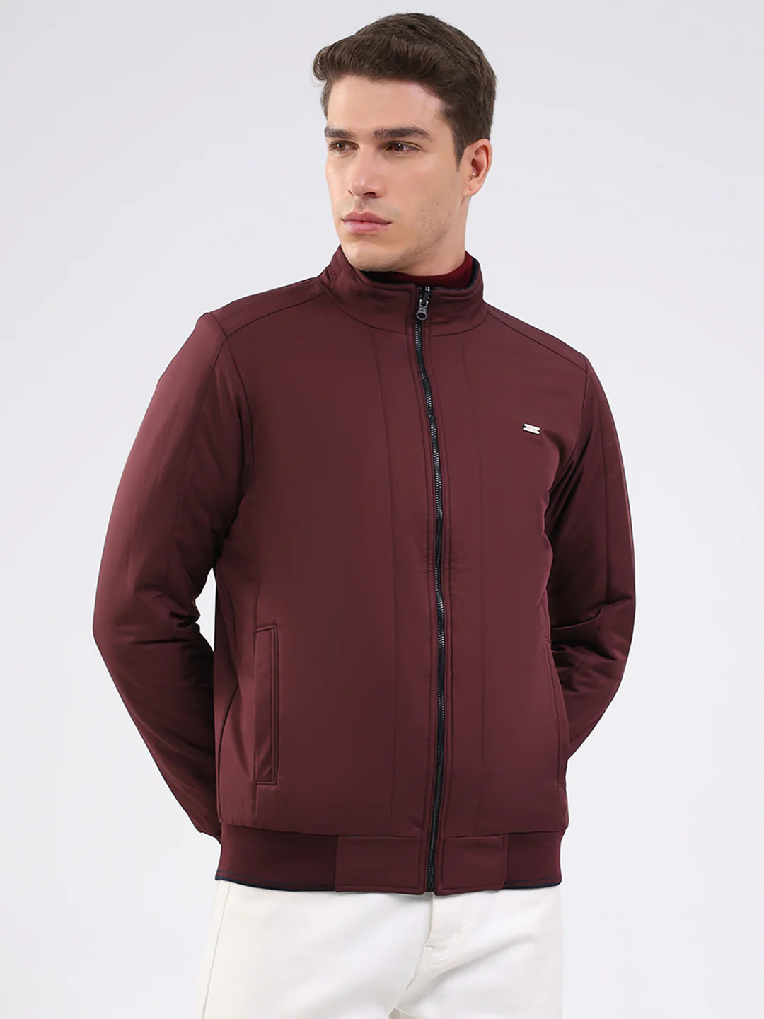 Men Navy Blue Solid Mock Neck Full Sleeve Jacket - Image 6