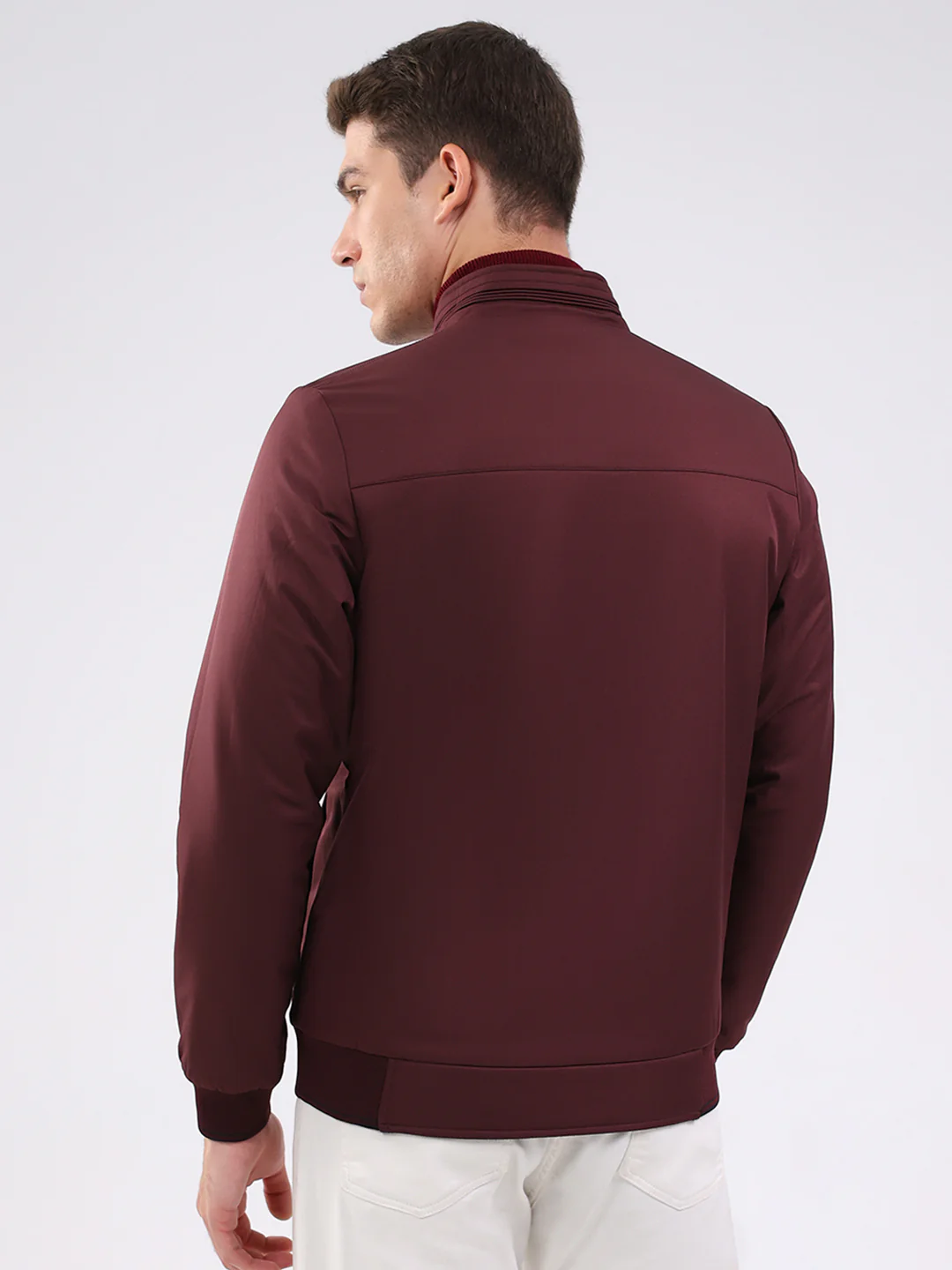Men Navy Blue Solid Mock Neck Full Sleeve Jacket - Image 8