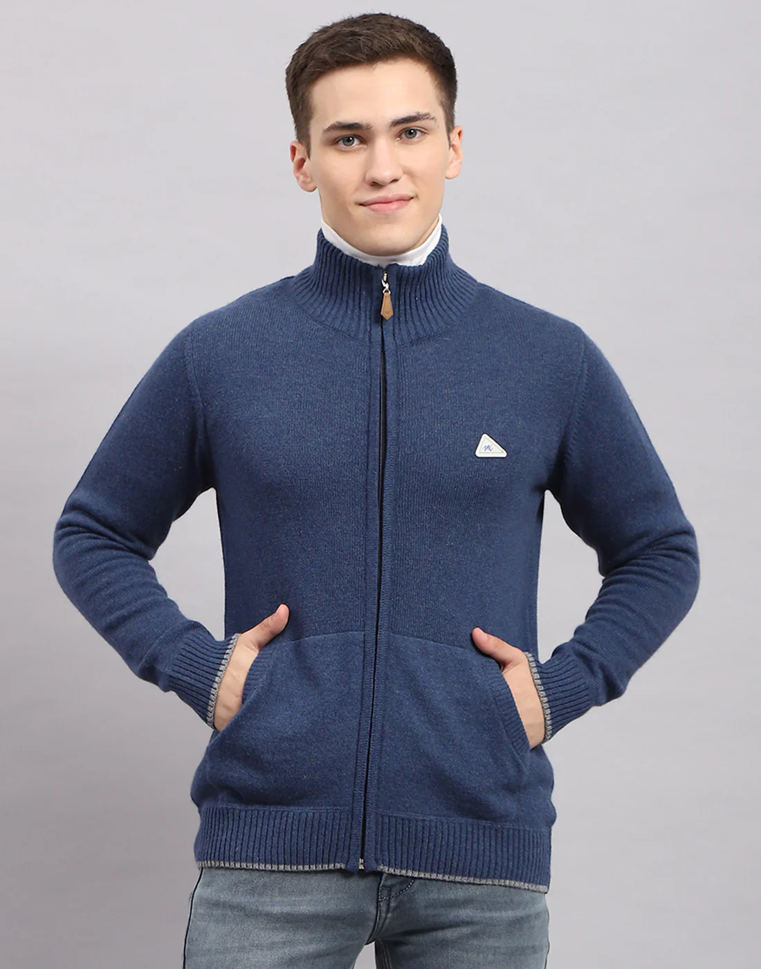 Men Navy Blue Solid Mock Neck Full Sleeve Pullover - Image 2
