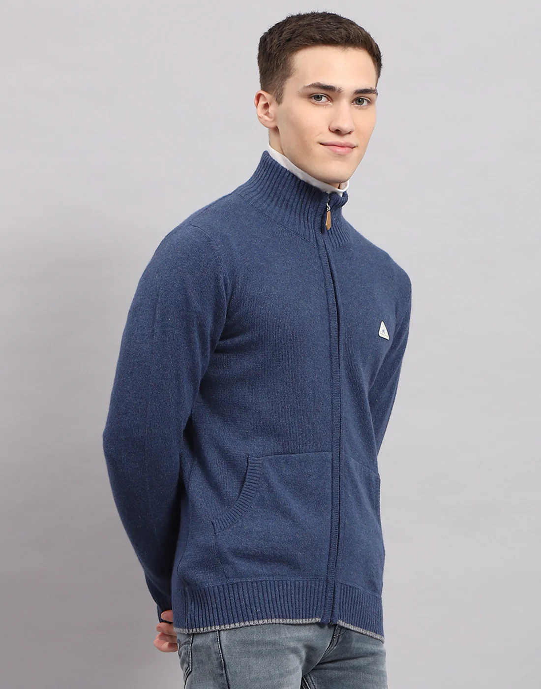 Men Navy Blue Solid Mock Neck Full Sleeve Pullover - Image 4