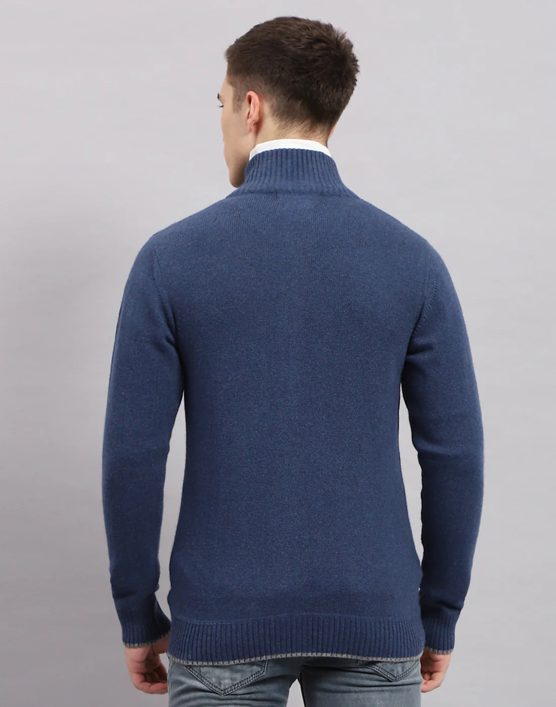 Men Navy Blue Solid Mock Neck Full Sleeve Pullover - Image 5