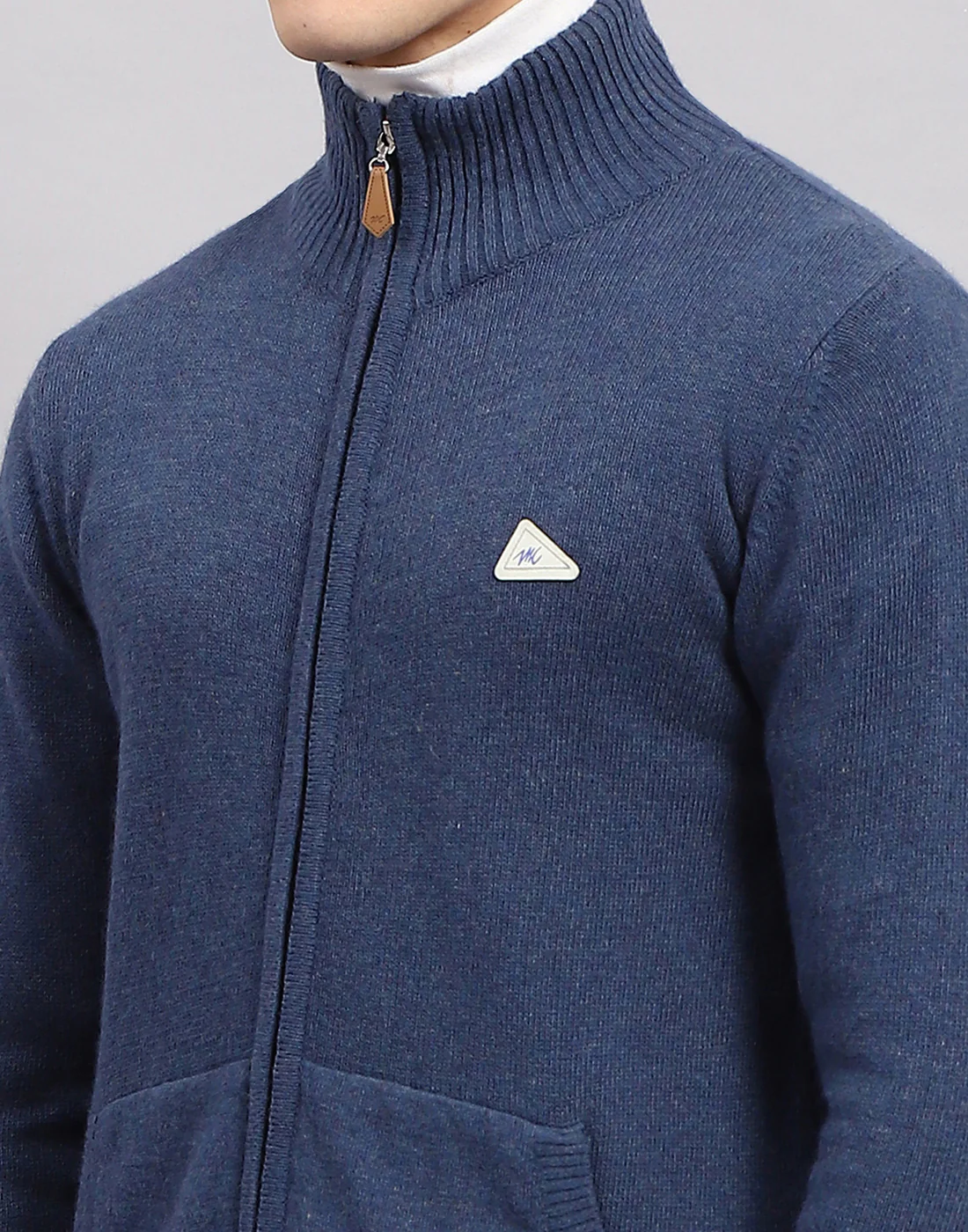 Men Navy Blue Solid Mock Neck Full Sleeve Pullover - Image 7