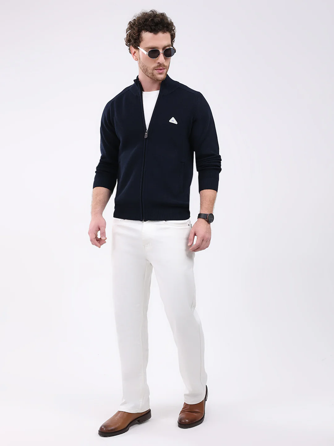 Men Navy Blue Solid Mock Neck Full Sleeve Pullover - Image 2