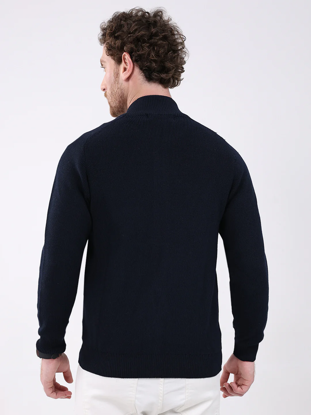 Men Navy Blue Solid Mock Neck Full Sleeve Pullover - Image 5
