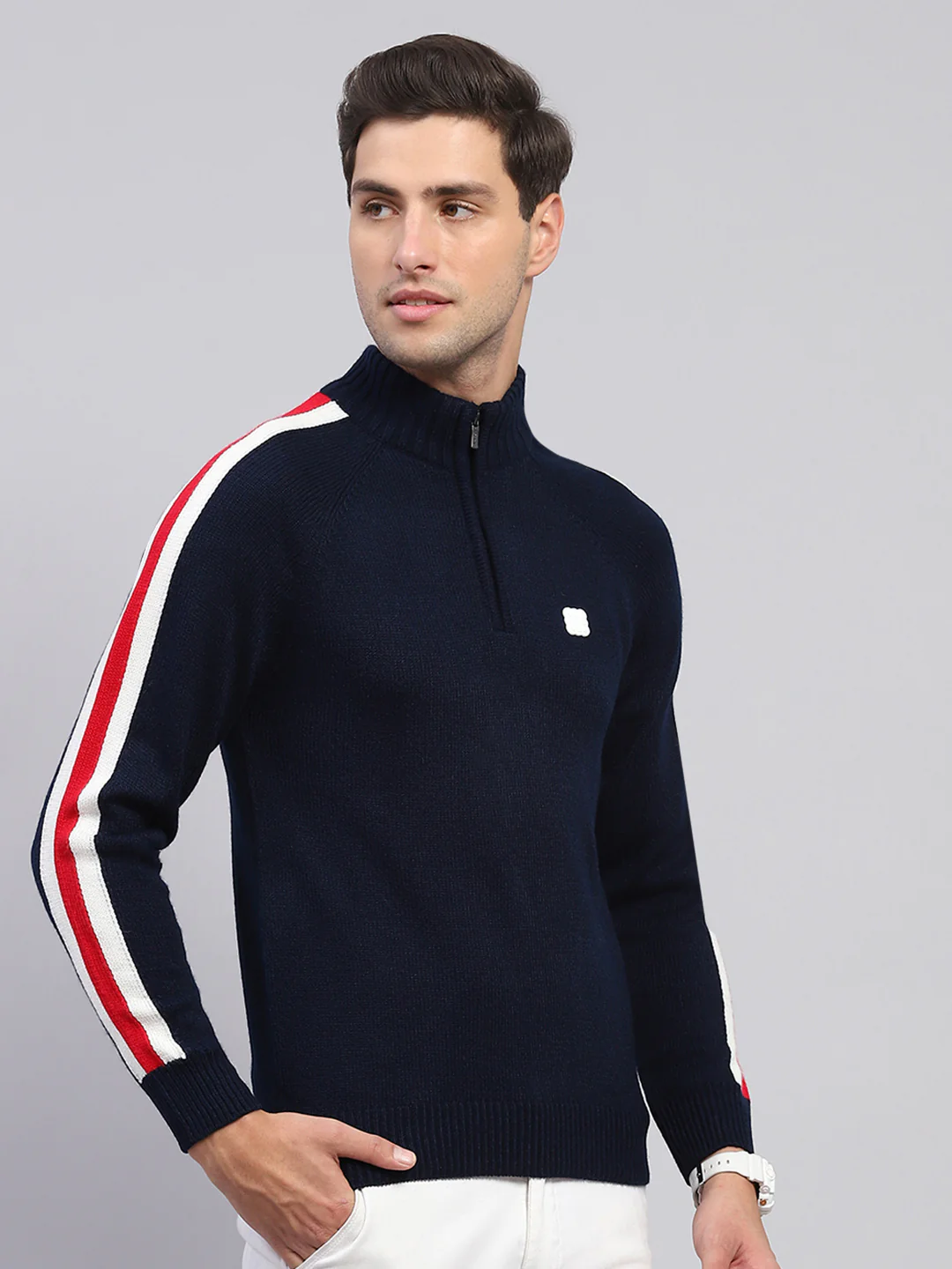 Rock.it Men Navy Blue Solid Mock Neck Full Sleeve Pullover - Image 4