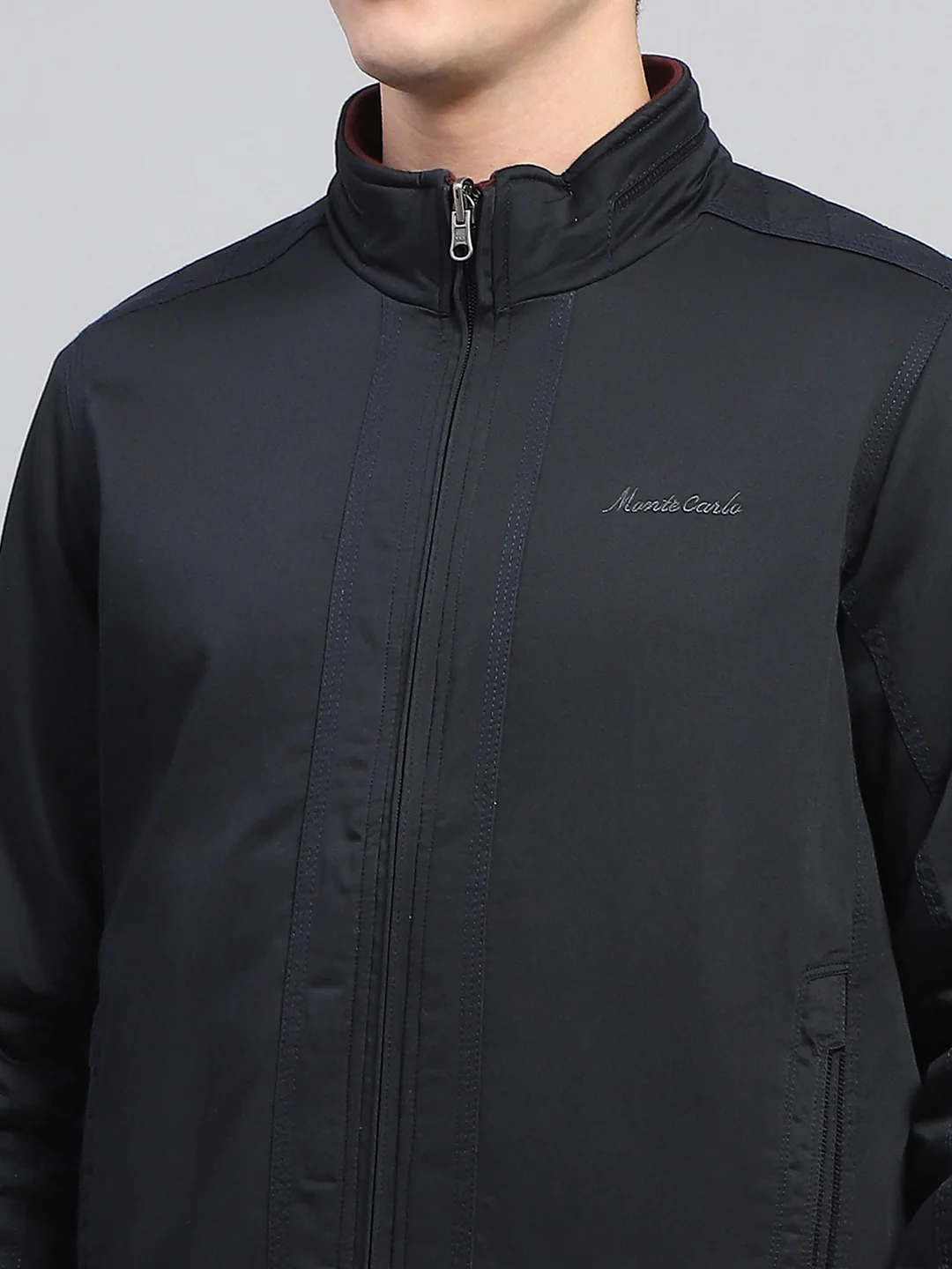 Men Navy Blue Solid Mock Neck Full Sleeve Reversible Jacket - Image 10