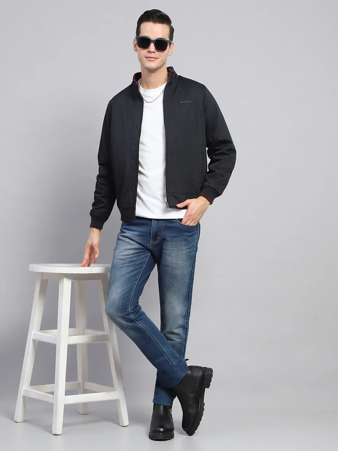 Men Navy Blue Solid Mock Neck Full Sleeve Reversible Jacket - Image 2