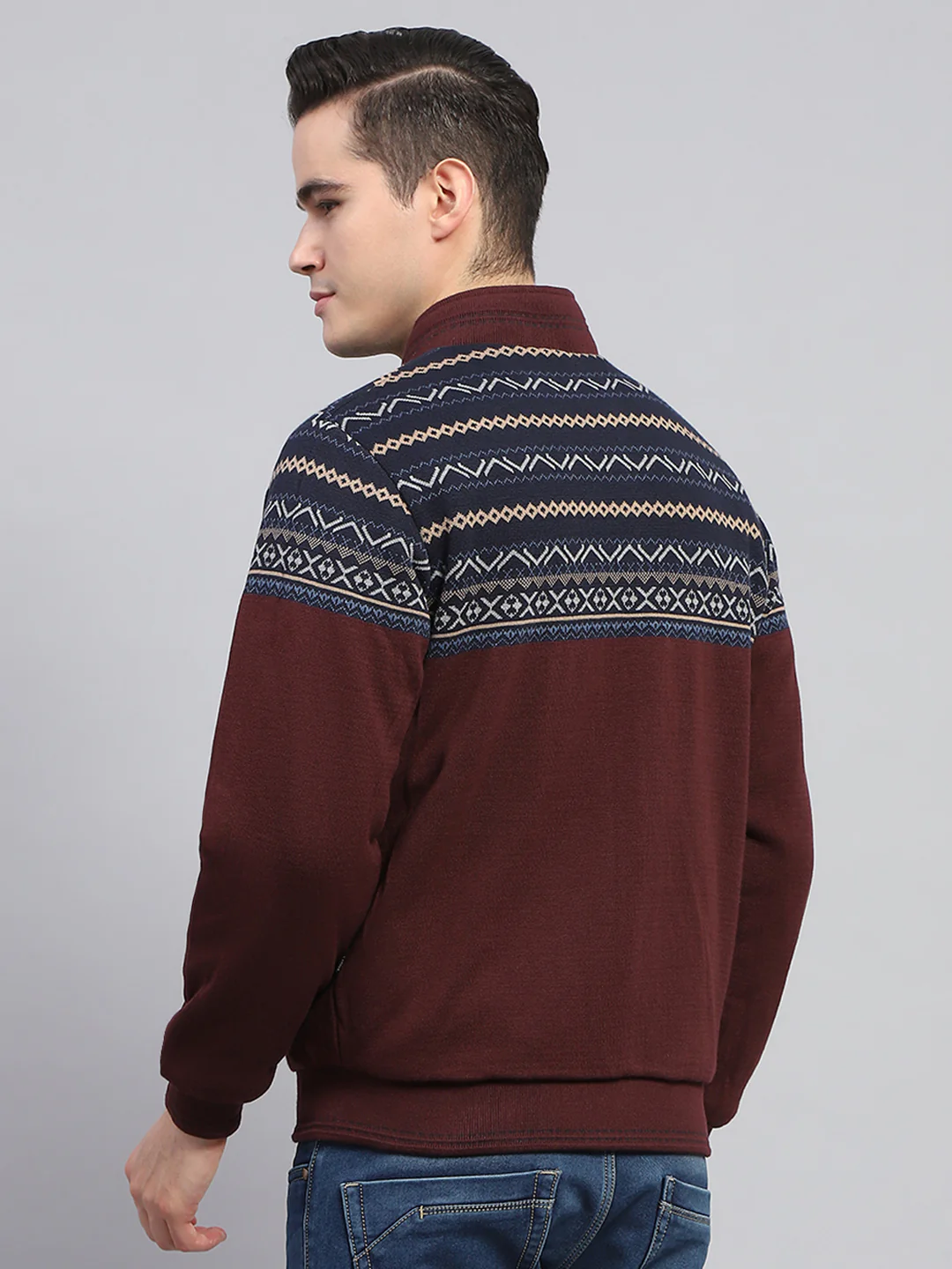Men Navy Blue Solid Mock Neck Full Sleeve Reversible Jacket - Image 9