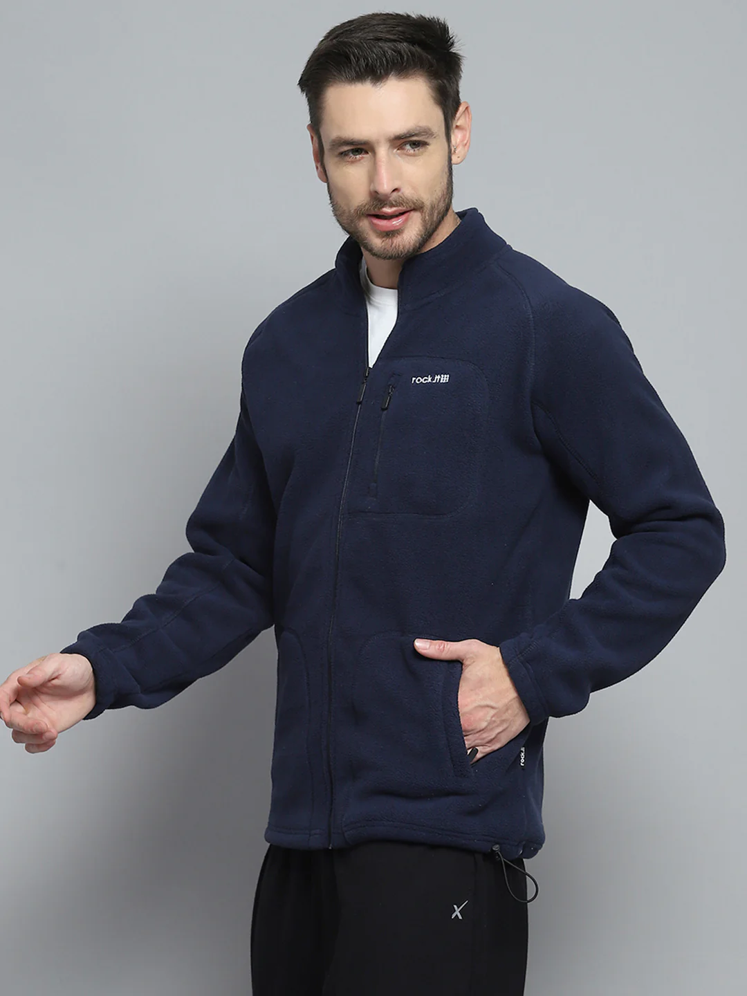 Rock.it Men Navy Blue Solid Mock Neck Full Sleeve Sweatshirt - Image 3