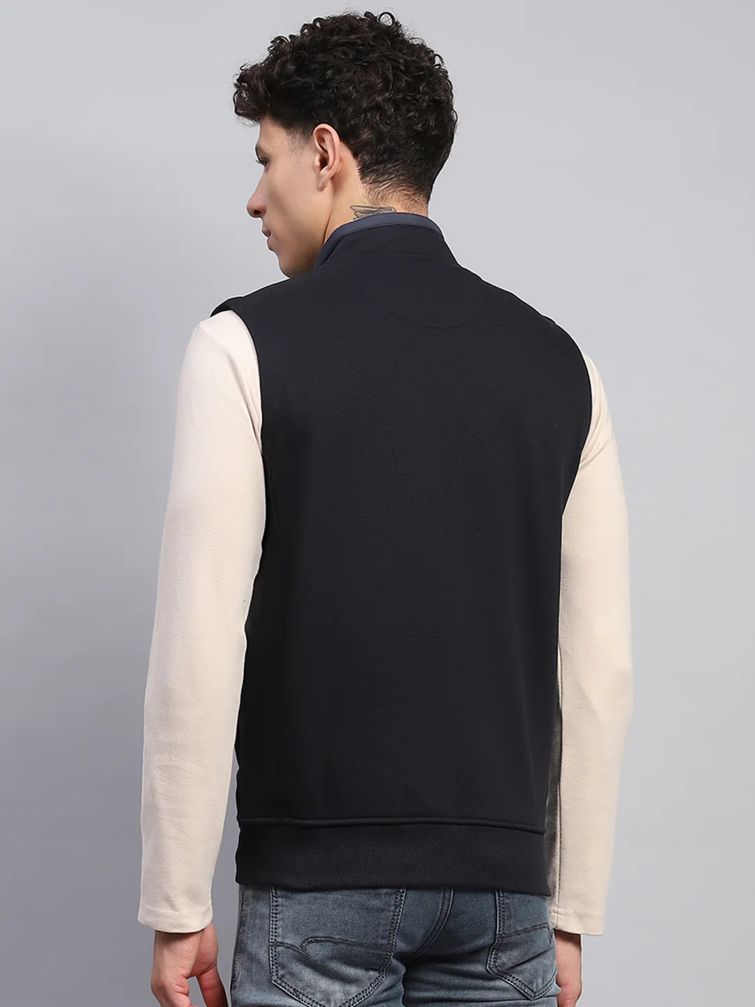 Men Navy Blue Solid Mock Neck Sleeveless Sweatshirt - Image 5