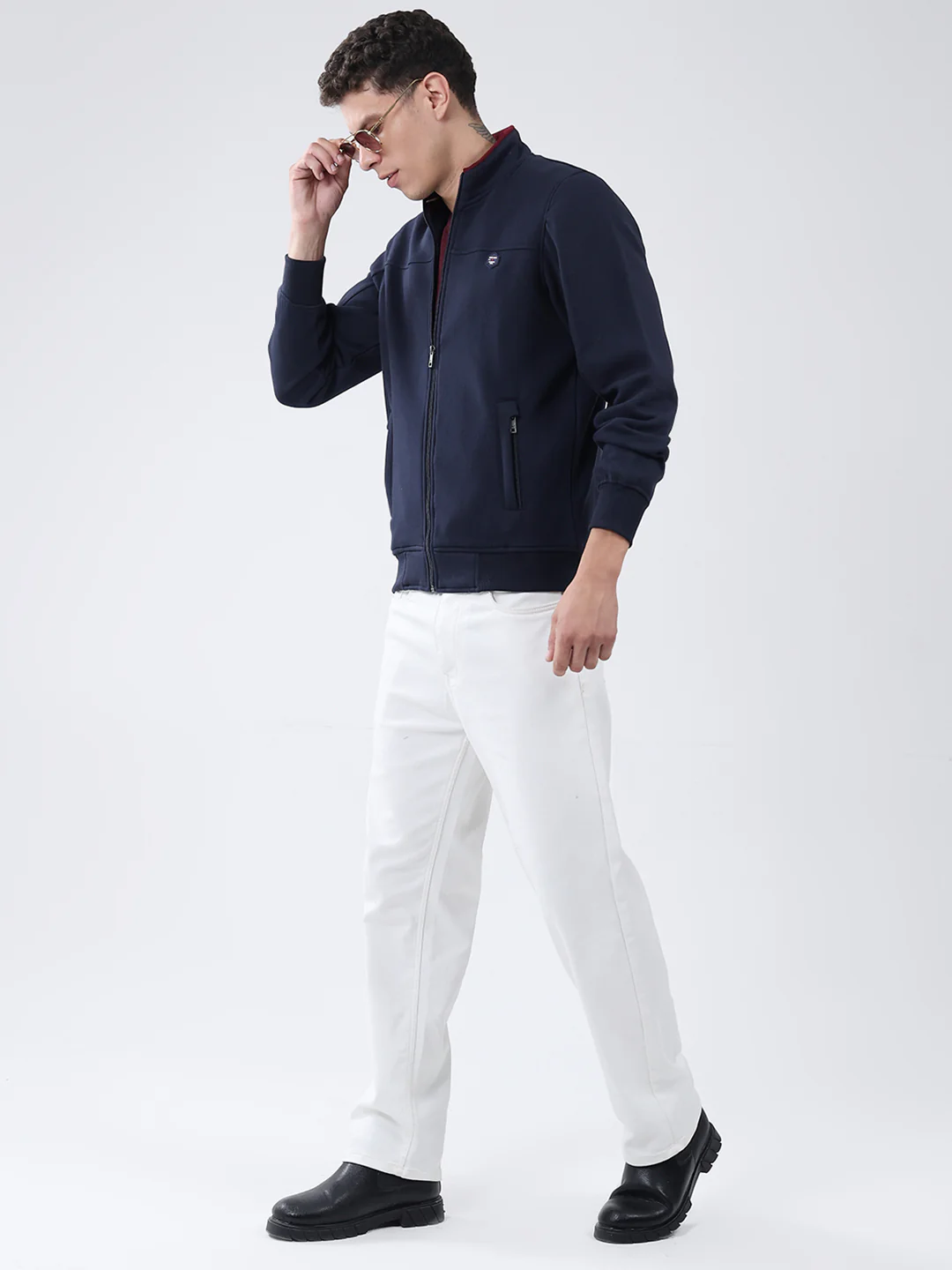 Men Navy Blue Solid Mock Neck Full Sleeve Sweatshirt - Image 2
