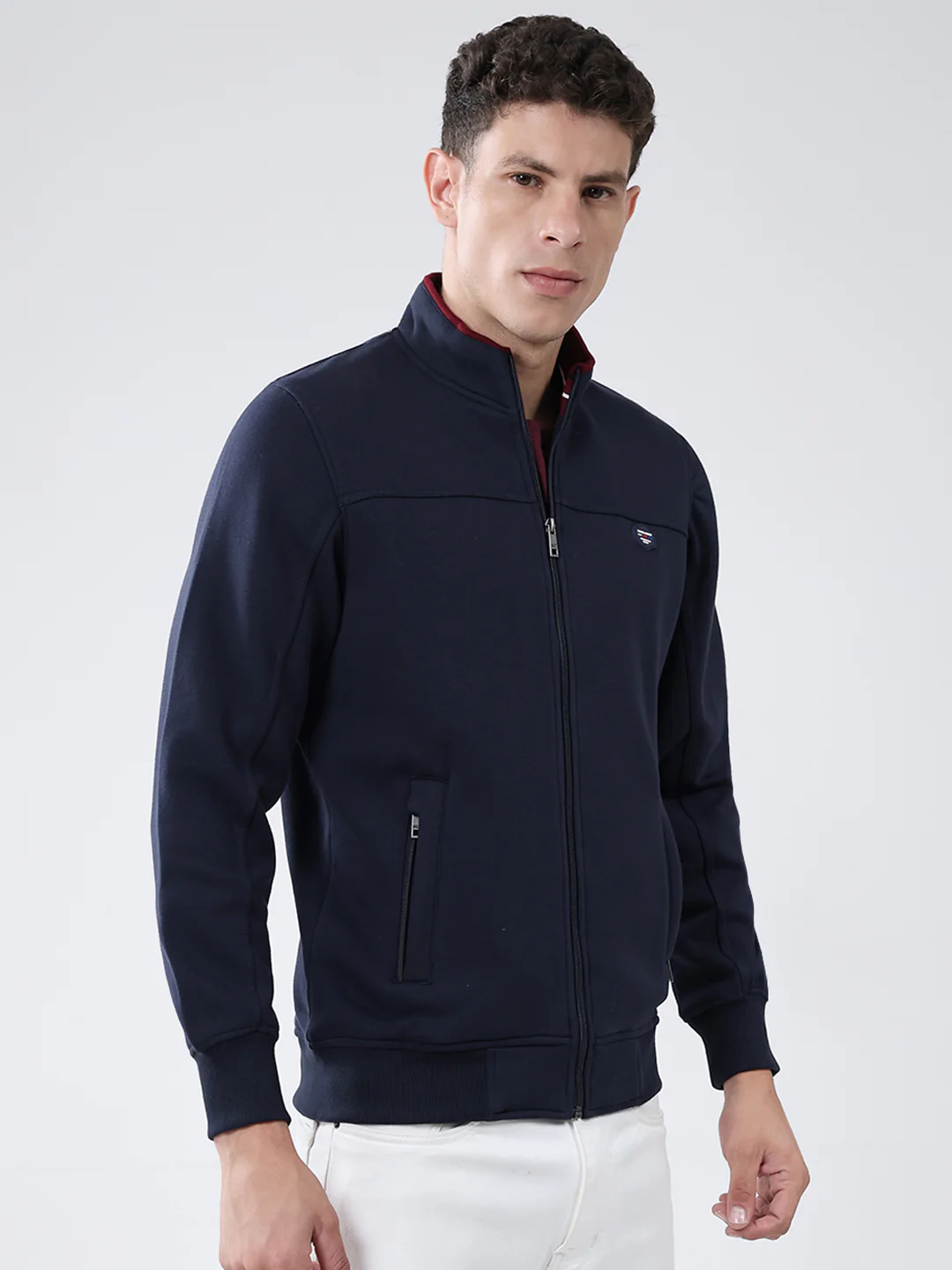 Men Navy Blue Solid Mock Neck Full Sleeve Sweatshirt - Image 4