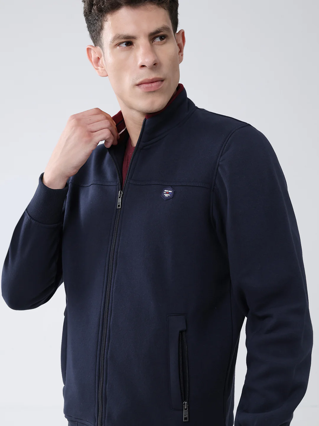 Men Navy Blue Solid Mock Neck Full Sleeve Sweatshirt - Image 6