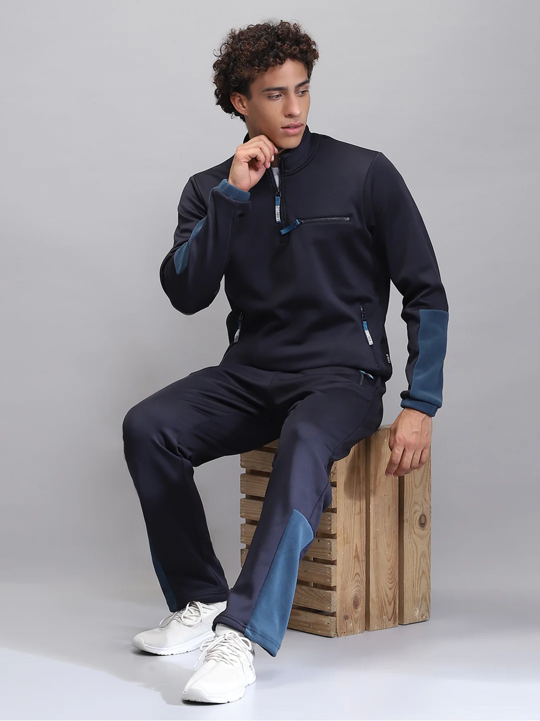 Rock.it Men Navy Blue Solid Mock Neck Full Sleeve Winter Tracksuit - Image 2