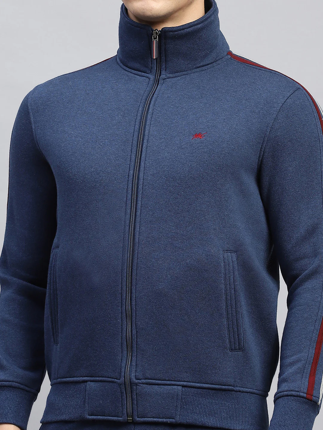 Men Navy Blue Solid Mock Neck Full Sleeve Winter Tracksuit - Image 7