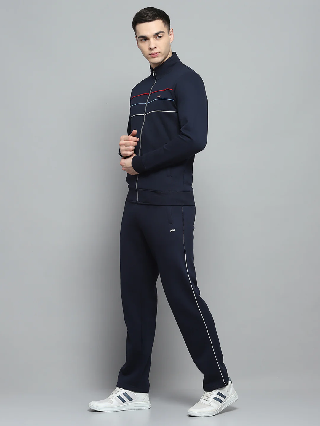 Men Navy Blue Solid Mock Neck Full Sleeve Winter Tracksuit - Image 3