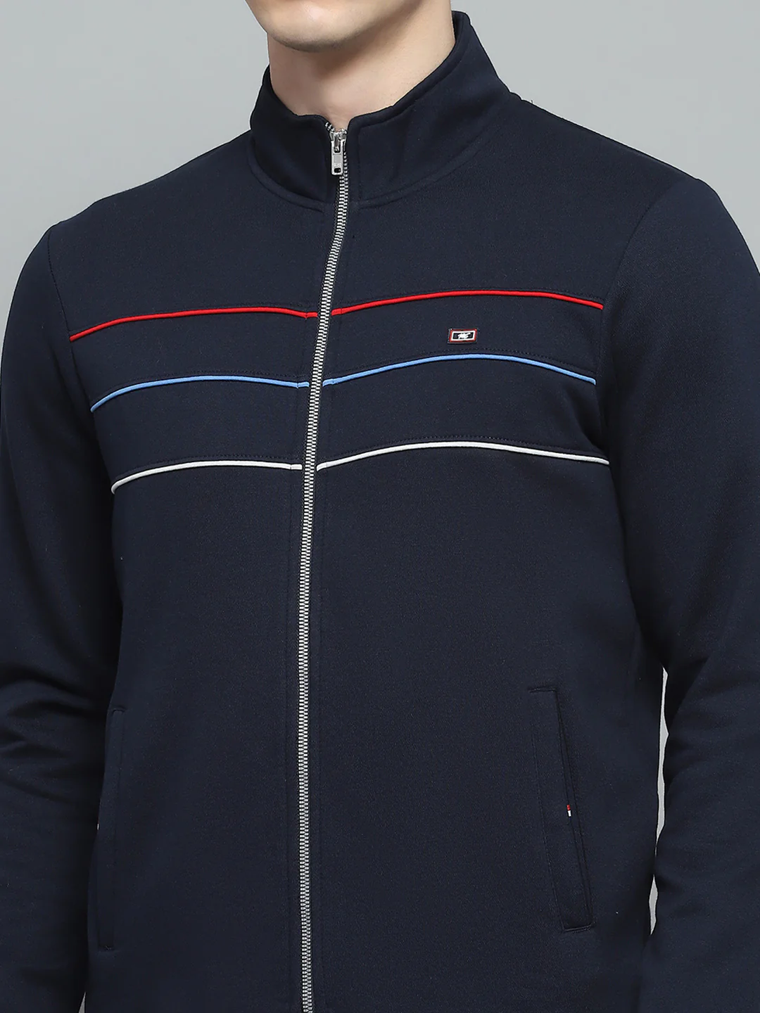 Men Navy Blue Solid Mock Neck Full Sleeve Winter Tracksuit - Image 6