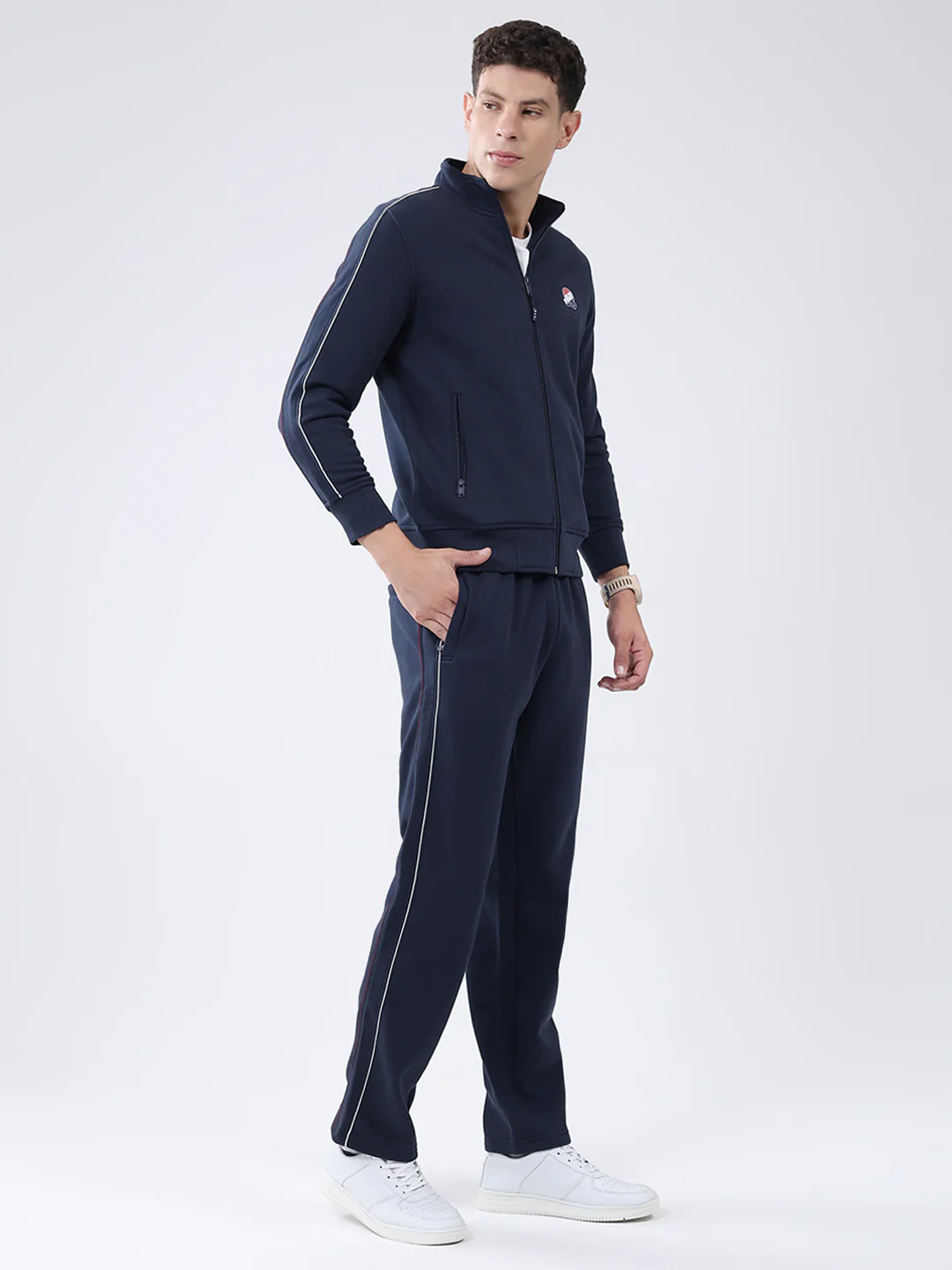 Men Navy Blue Solid Mock Neck Full Sleeve Winter Tracksuit - Image 4