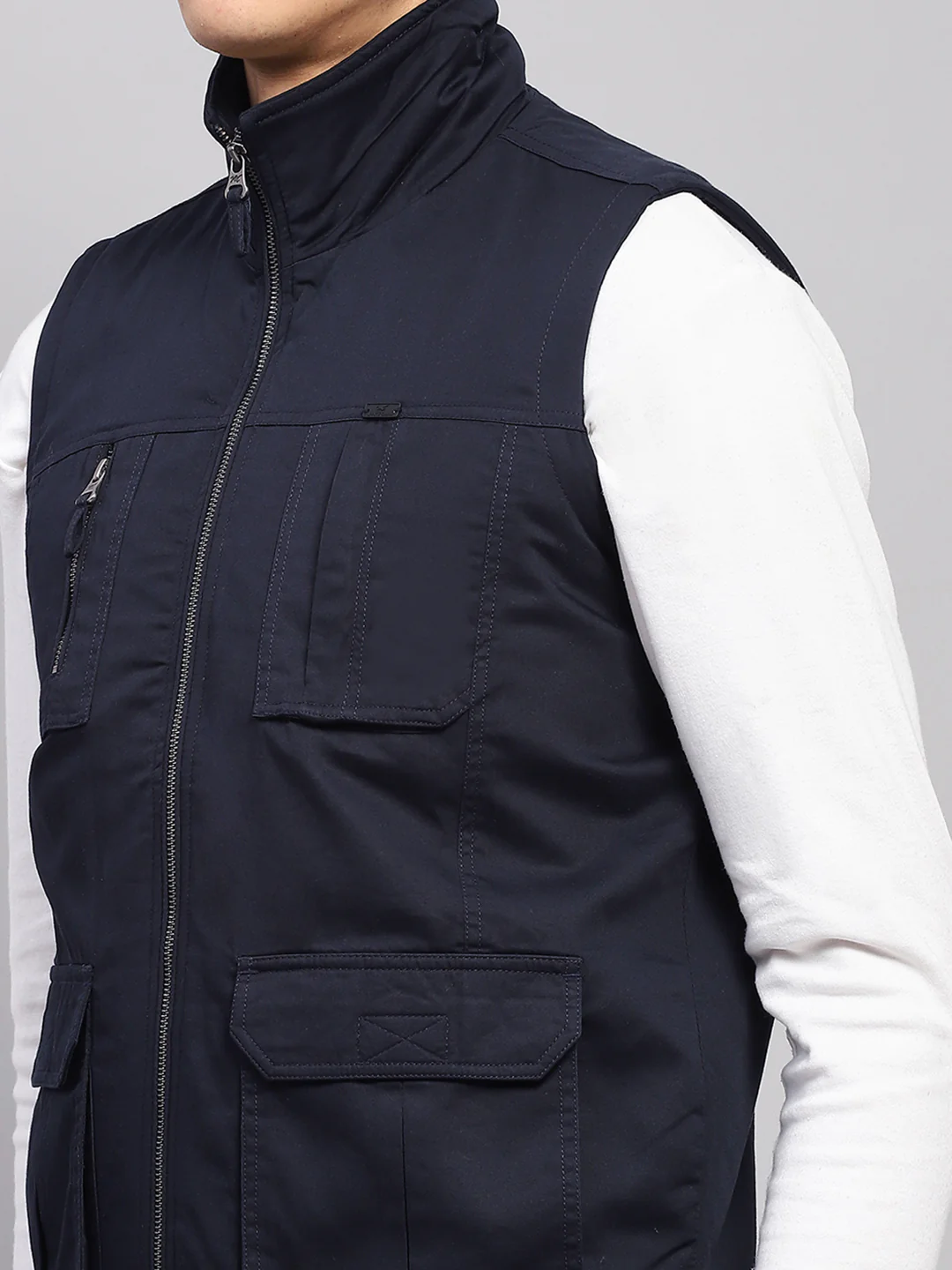 Men Navy Blue Solid Mock Neck Sleeveless Jacket - Image 6