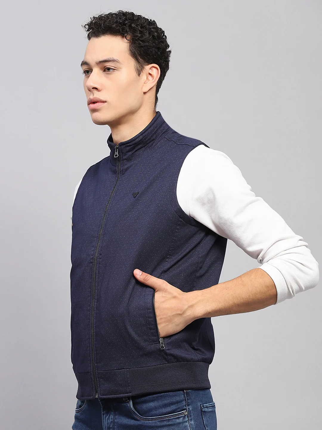 Men Navy Blue Solid Mock Neck Sleeveless Jacket - Image 3