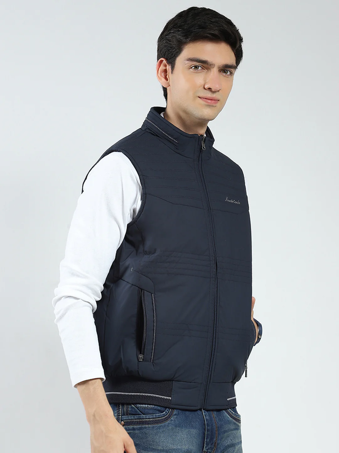 Men Navy Blue Solid Mock Neck Sleeveless Reversible Jacket - Image 4