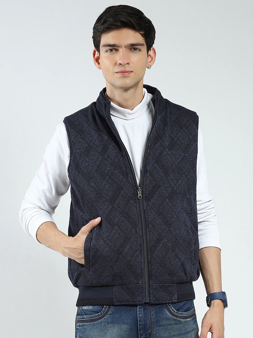 Men Navy Blue Solid Mock Neck Sleeveless Reversible Jacket - Image 6