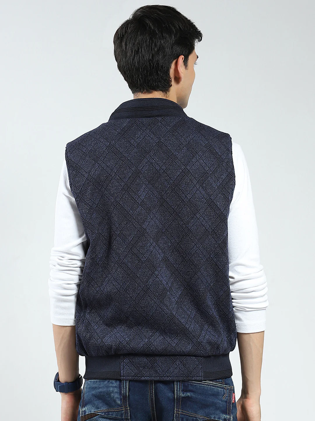 Men Navy Blue Solid Mock Neck Sleeveless Reversible Jacket - Image 8
