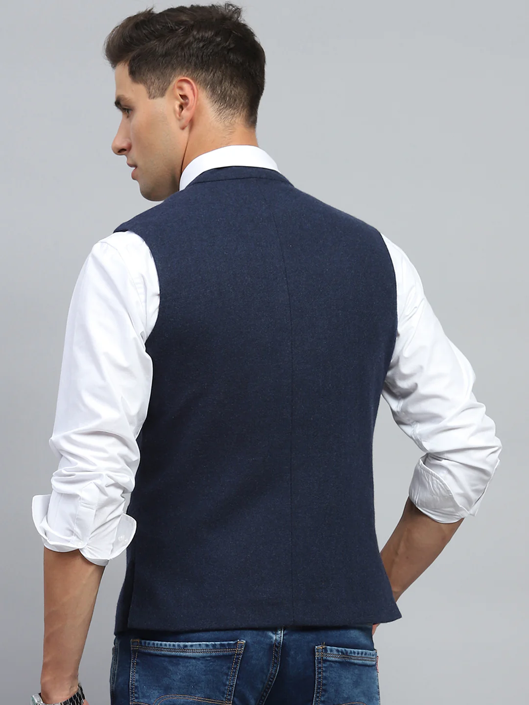Men Navy Blue Solid Mock Neck Sleeveless Jacket - Image 5