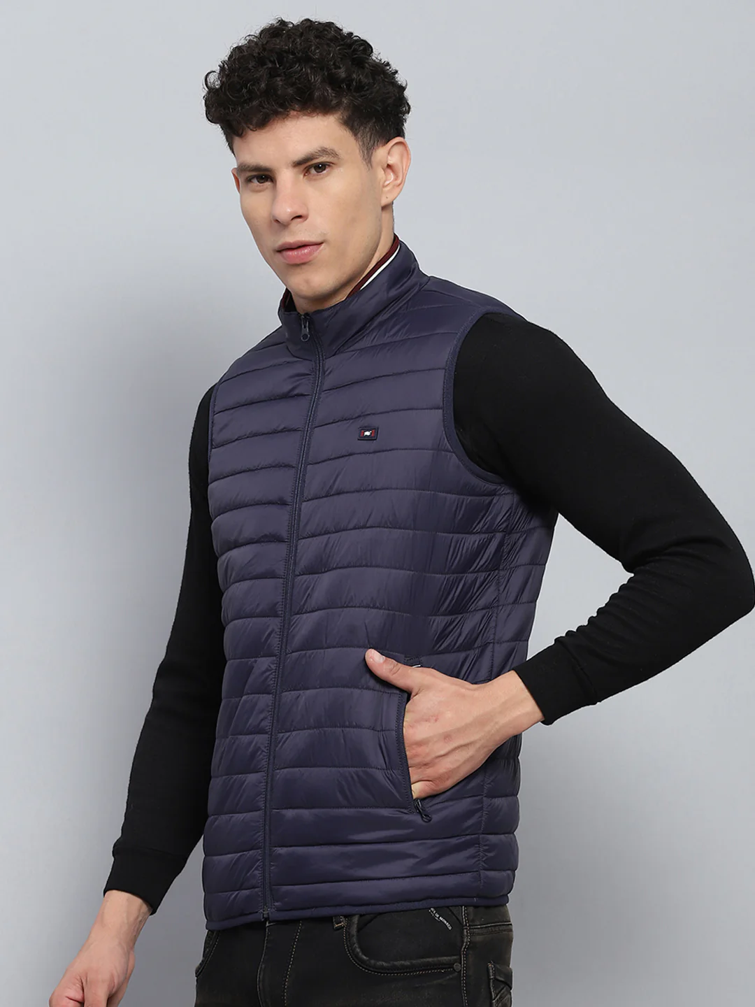 Men Navy Blue Solid Mock Neck Sleeveless Jacket - Image 3