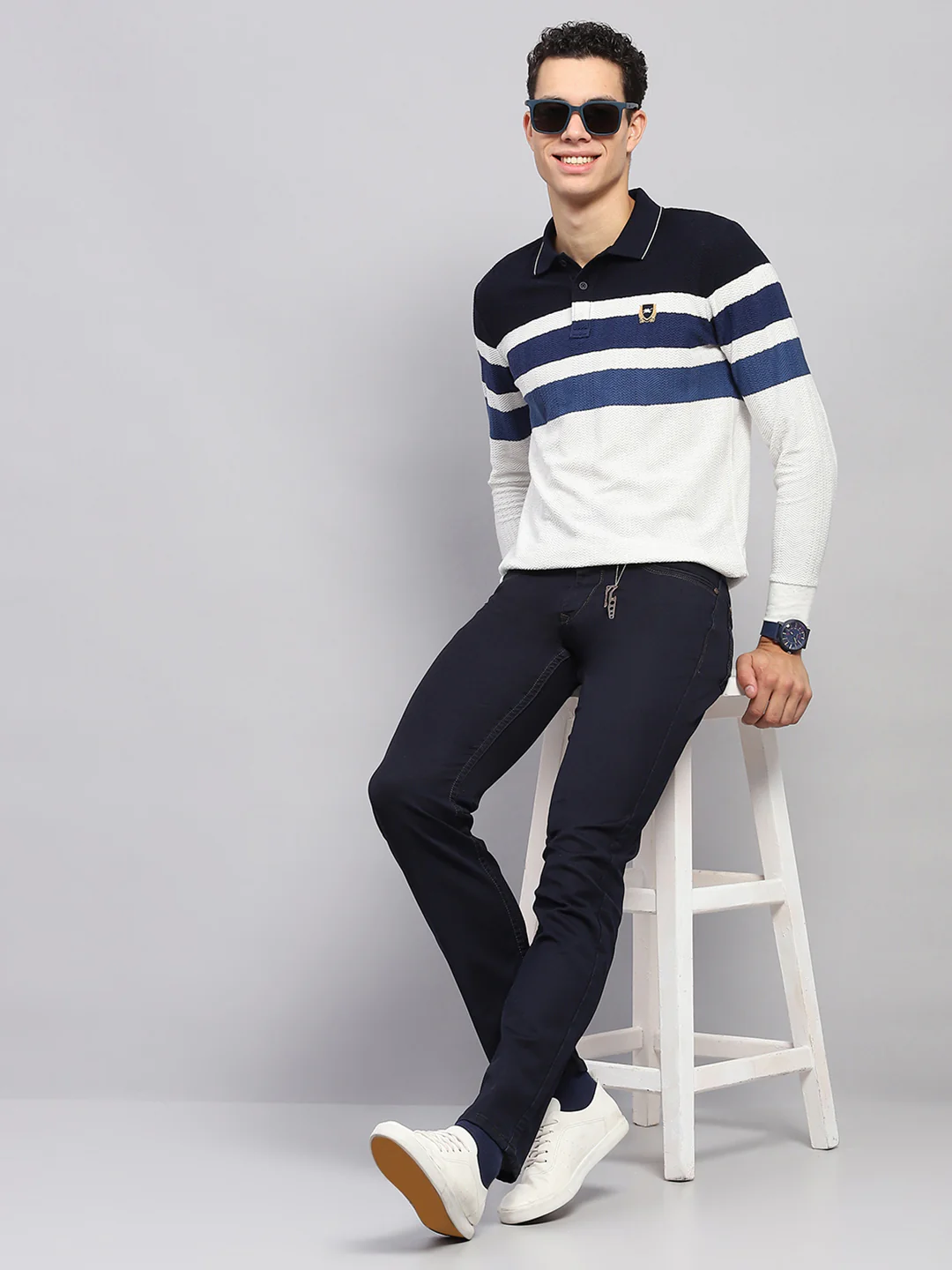 Men Navy Blue Solid Narrow Fit Denim - Image 2