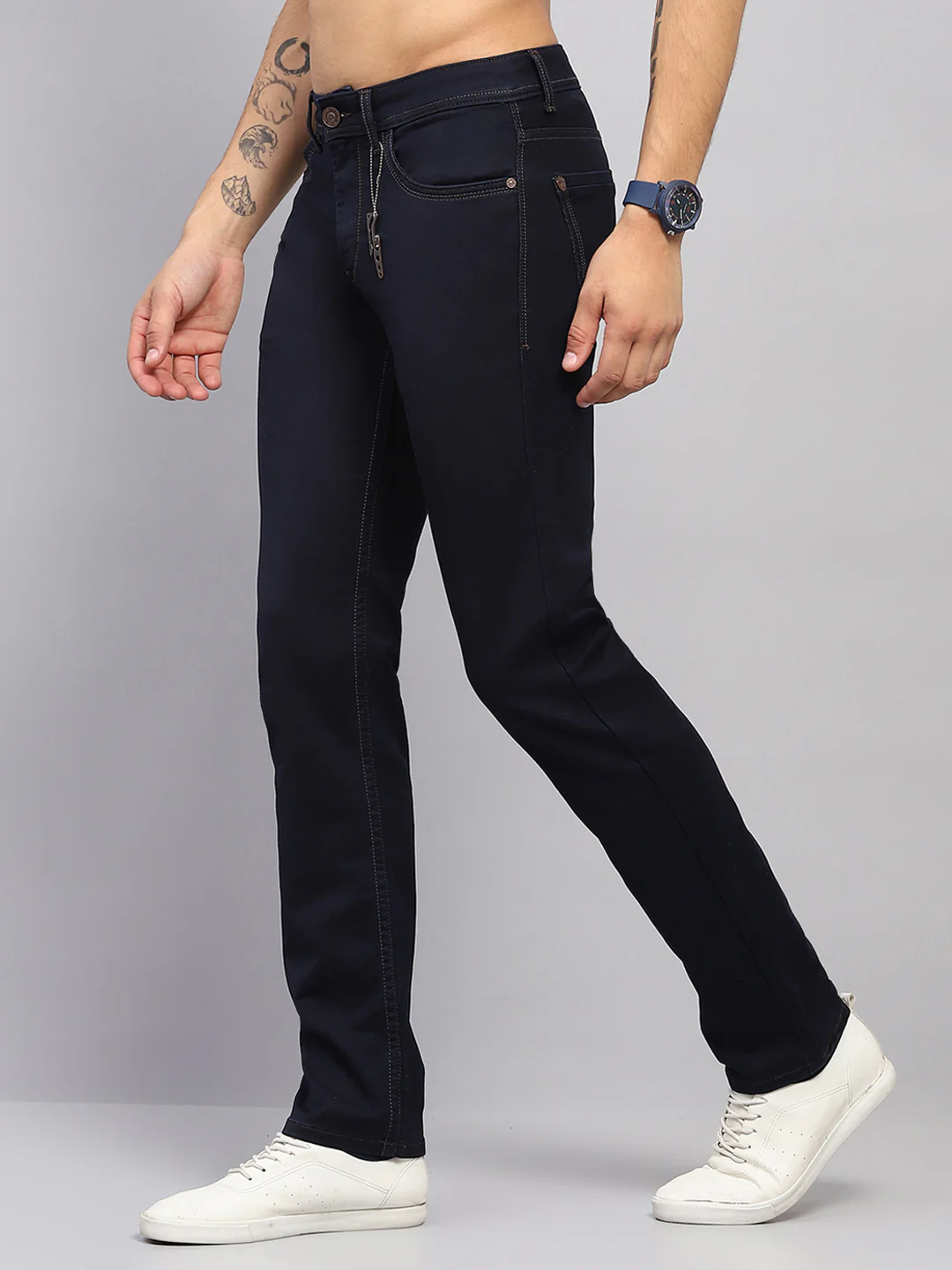 Men Navy Blue Solid Narrow Fit Denim - Image 3