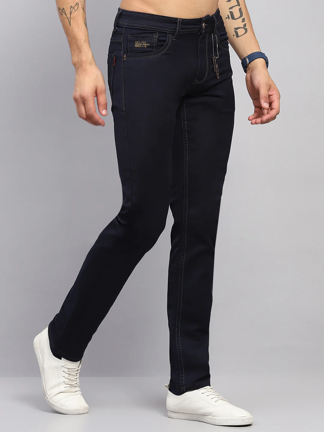 Men Navy Blue Solid Narrow Fit Denim - Image 4
