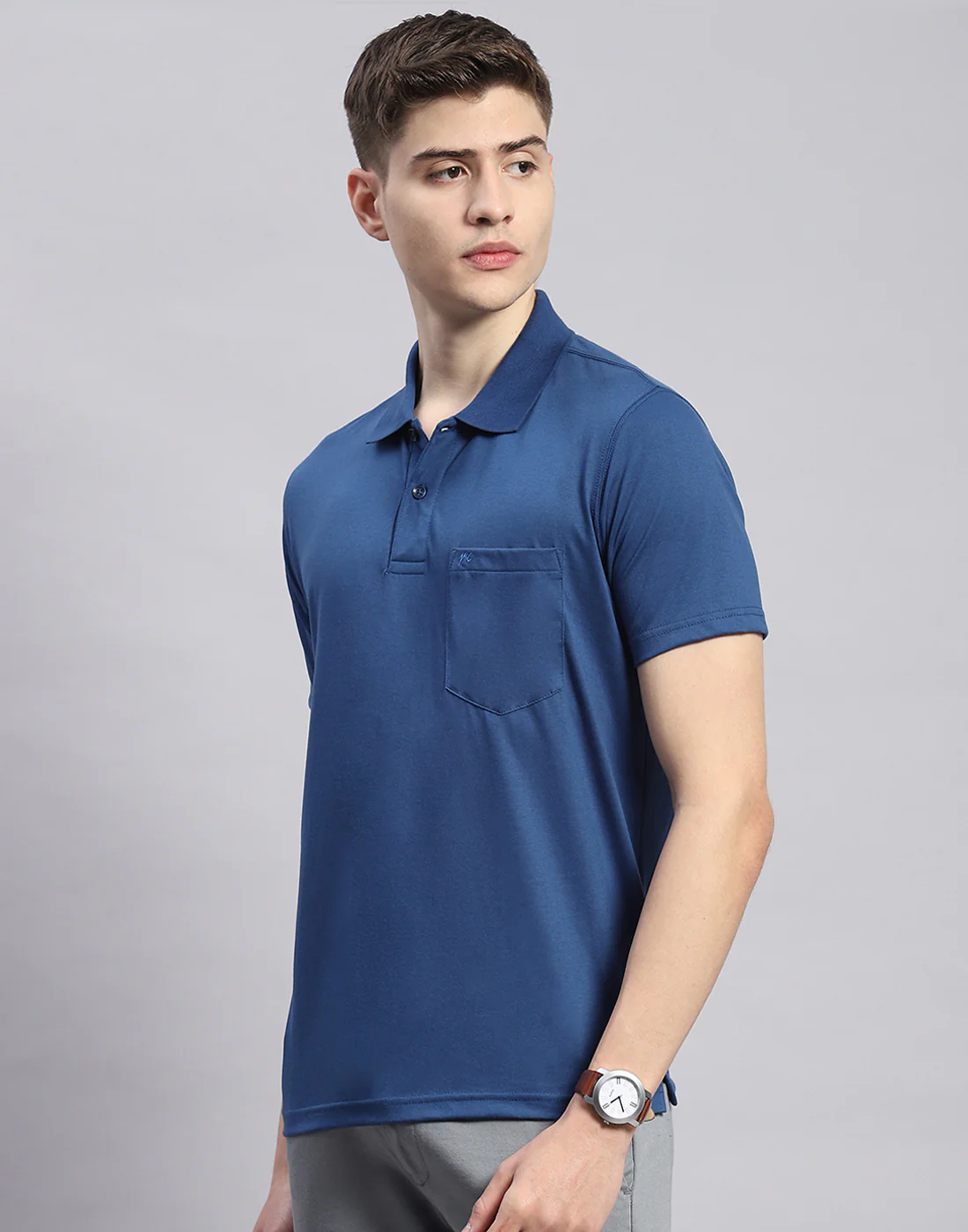 Men Navy Blue Solid Polo Collar Half Sleeve T-Shirt - Image 4