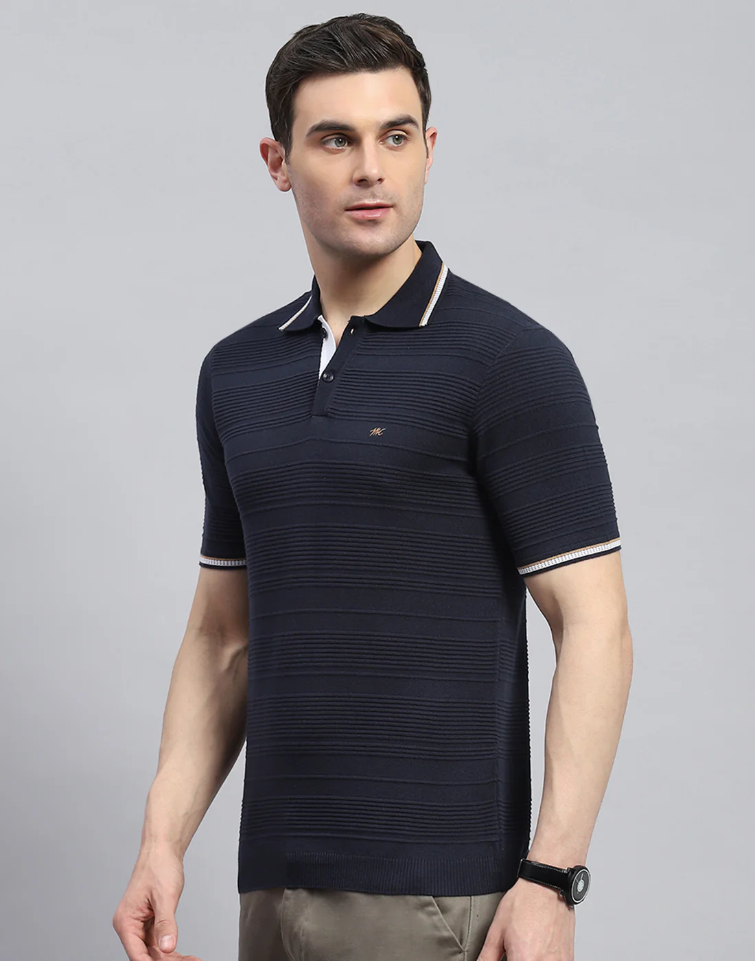 Men Navy Blue Solid Polo Collar Half Sleeve T-Shirt - Image 4